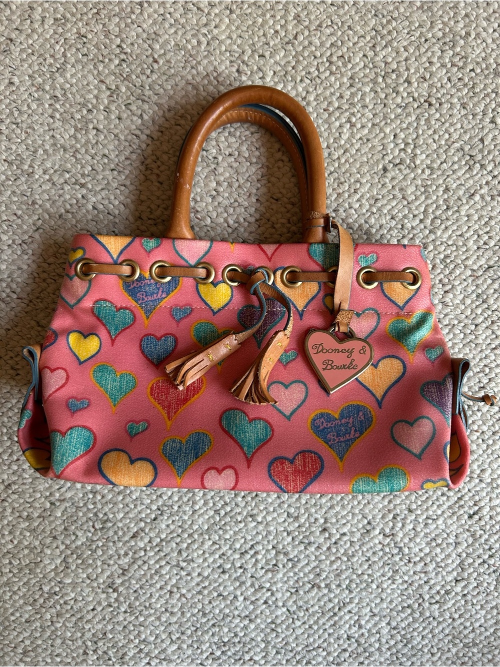 Dooney & Bourke Vintage Y2K Pink Heart-Print Bag Leather Trim